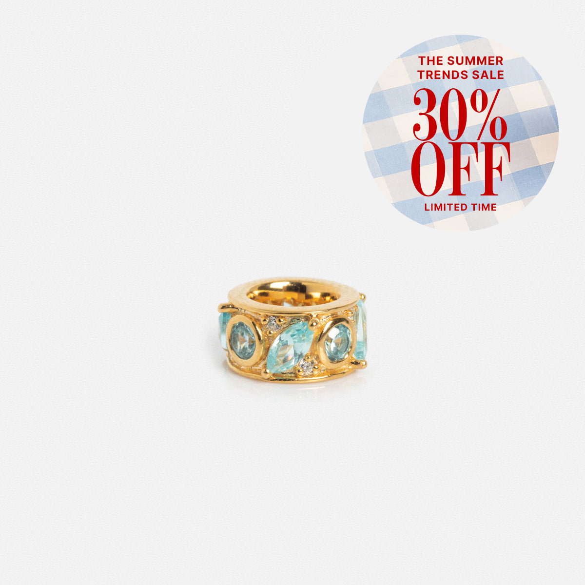 The Shades of You Birthstone Spacer Charm, ideal for personalized jewelry fans, is shown on a white background. A blue-and-white checkered label in the top right says: The Summer Trends Sale, 30% OFF, Limited Time.