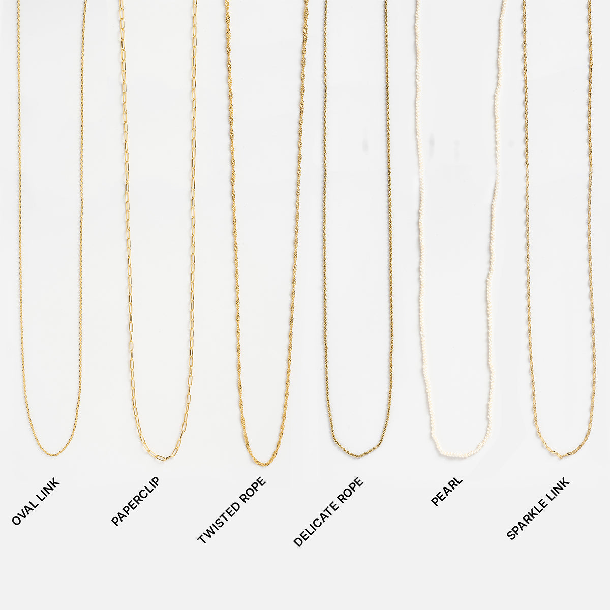 Six Chain For Charms necklaces are displayed vertically on a white background, each with a unique chain style: oval link, paperclip, twisted rope, delicate rope, pearl, and sparkle link. Labels are shown below each necklace.