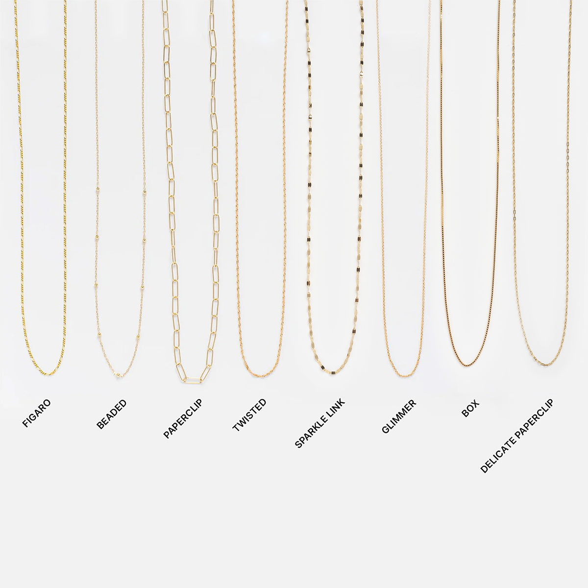 Eight Solid Gold Chain for Charms styles—Figaro, Beaded, Paperclip, Twisted, Sparkle Link, Glimmer, Box, and Delicate Paperclip—are displayed vertically on white; perfect options to complete any charm necklace.