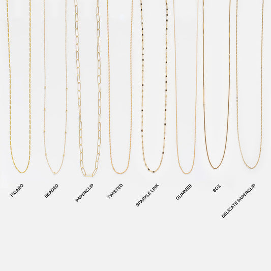 Eight Solid Gold Chain for Charms styles—Figaro, Beaded, Paperclip, Twisted, Sparkle Link, Glimmer, Box, and Delicate Paperclip—are displayed vertically on white; perfect options to complete any charm necklace.
