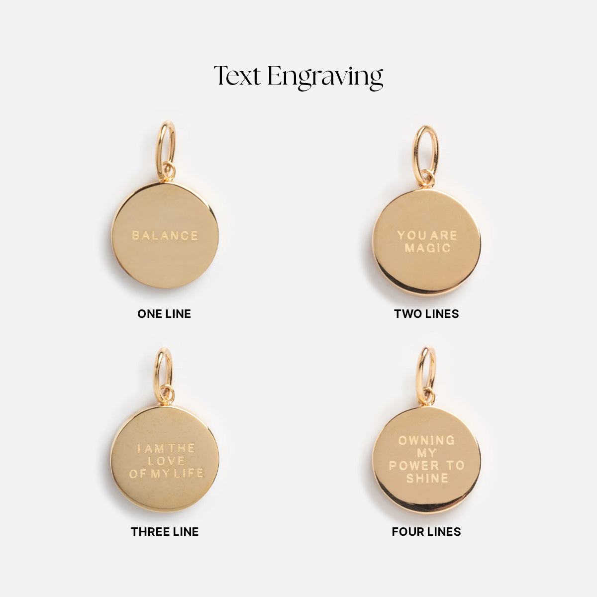 Gold charm with text engraving options on a white background