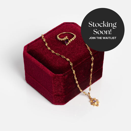 The 2026 February Amethyst Capsule Set with Free Gift, featuring gold vermeil necklace and ring with purple gemstones, is displayed on a red velvet jewelry box. A black circle reads “Stocking Soon! Join the waitlist.”.