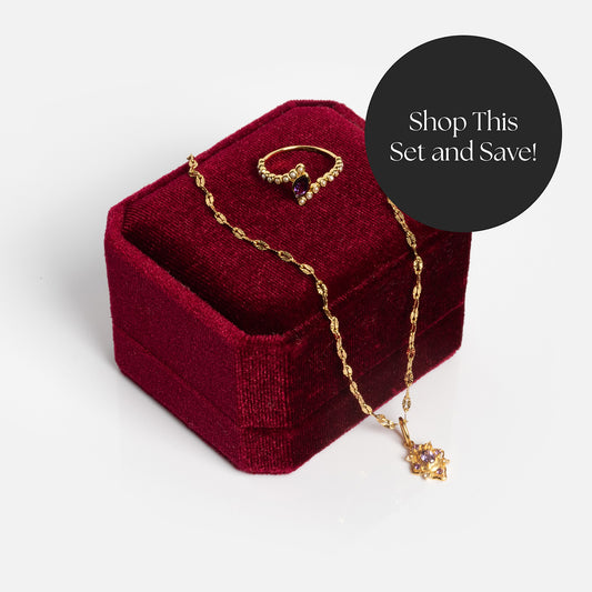 The 2026 February Amethyst Capsule Set with Free Gift features a gold vermeil necklace with a purple gemstone pendant and matching ring, displayed on a red velvet box. Shop this amethyst jewelry set and save!.