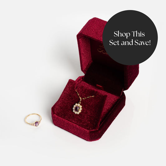 The Solid Gold 2026 June Alexandrite and Pearl Capsule Set includes a gold ring with purple alexandrite, a gold pendant necklace with pearls and alexandrite, plus a red velvet jewelry box and free gift—just look for the "Shop This Set and Save!" badge.