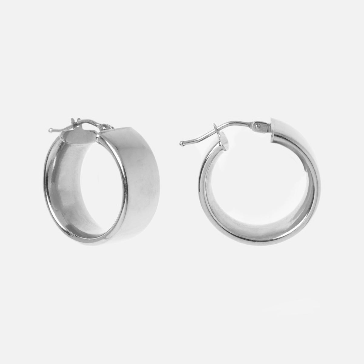 A pair of Solid Gold Flat Chunky Hollow Hoops in White Gold Sample, 9k, shiny finish, 19.5 mm diameter with latch back closures, showcased against a plain white background.
