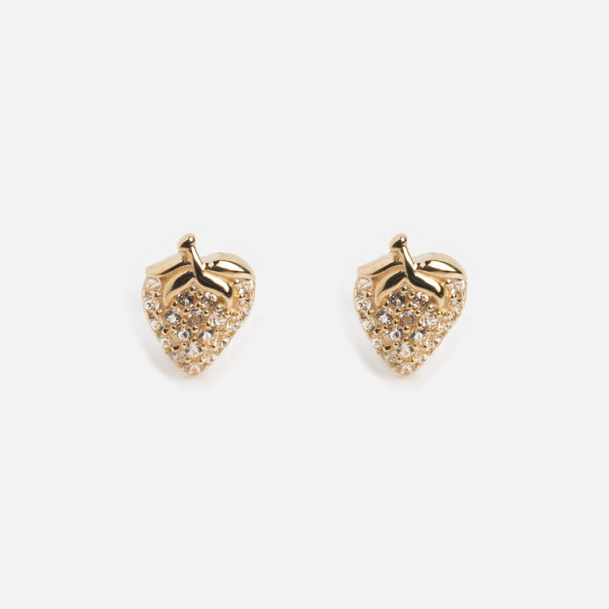 Solid Gold Strawberry Flat Back Studs, featuring a strawberry-inspired design encrusted with small clear crystals, are shown against a plain white background.