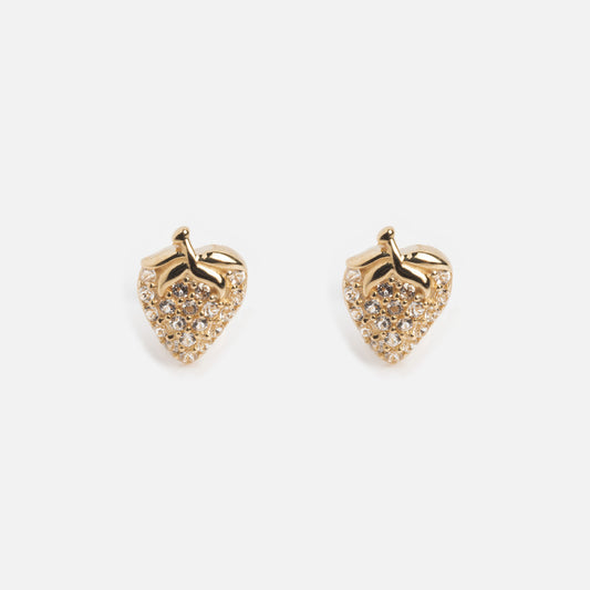 Solid Gold Strawberry Flat Back Studs, featuring a strawberry-inspired design encrusted with small clear crystals, are shown against a plain white background.