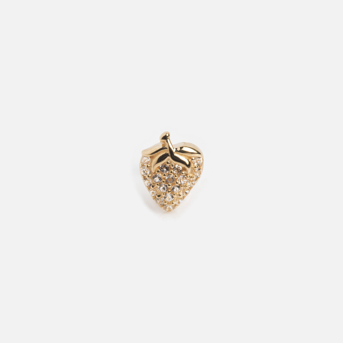 Solid Gold Strawberry Flat Back Studs featuring a strawberry-shaped design adorned with small clear gemstones, displayed on a plain white background.