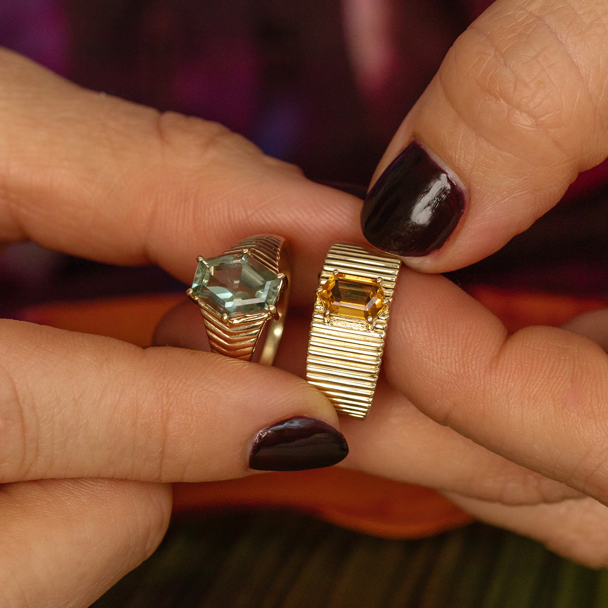 Solid Gold Green Amethyst Bold Chevron Ring