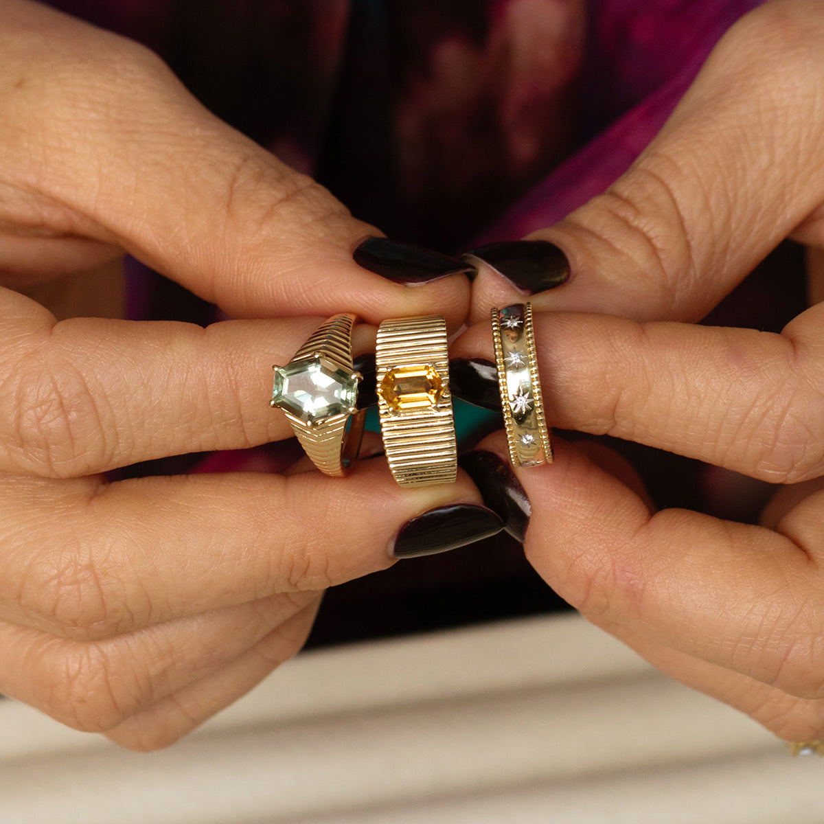 Solid Gold Green Amethyst Bold Chevron Ring