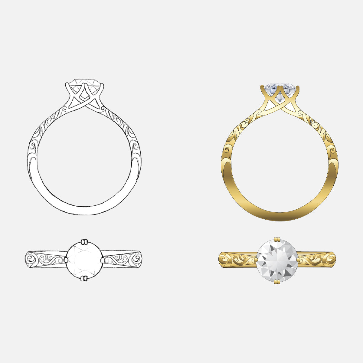 Two ornate engagement rings are shown: black and white sketches on the left, colored with gold bands and a central diamond on the right—perfect inspiration for a Bespoke Design Consultation.