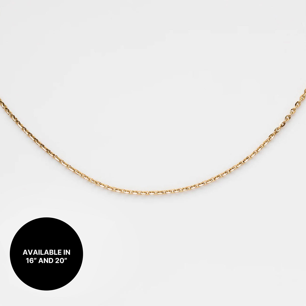 A Solid Gold Chain for Charms is displayed on a plain white background. A black circle in the lower left corner reads: Available in 16 and 20.