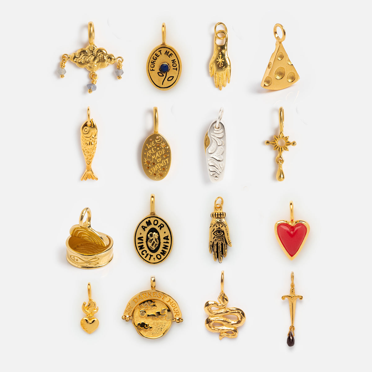 Charms by Hunt of Hounds includes 15 assorted gold vermeil and enamel charms, featuring a crab, fish, hand, heart, crescent moon, cheese wedge, cross, snake, sword, and other engraved pendants.
