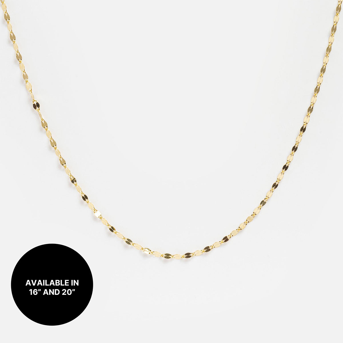 The Solid Gold Chain for Charms, featuring a delicate twisted rope design, is displayed on a plain white background. A black circle in the bottom left reads "AVAILABLE IN 16 AND 20" in white text.