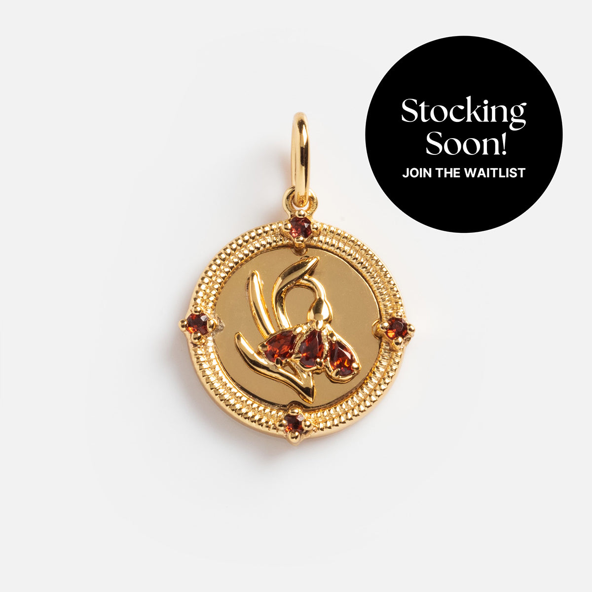 The 2026 January Capsule Vintage Inspired Garnet Coin Charm features a yellow gold vermeil circular pendant with red garnet accents and an abstract floral design. A black circle in the corner says, "Stocking Soon! Join the waitlist!.