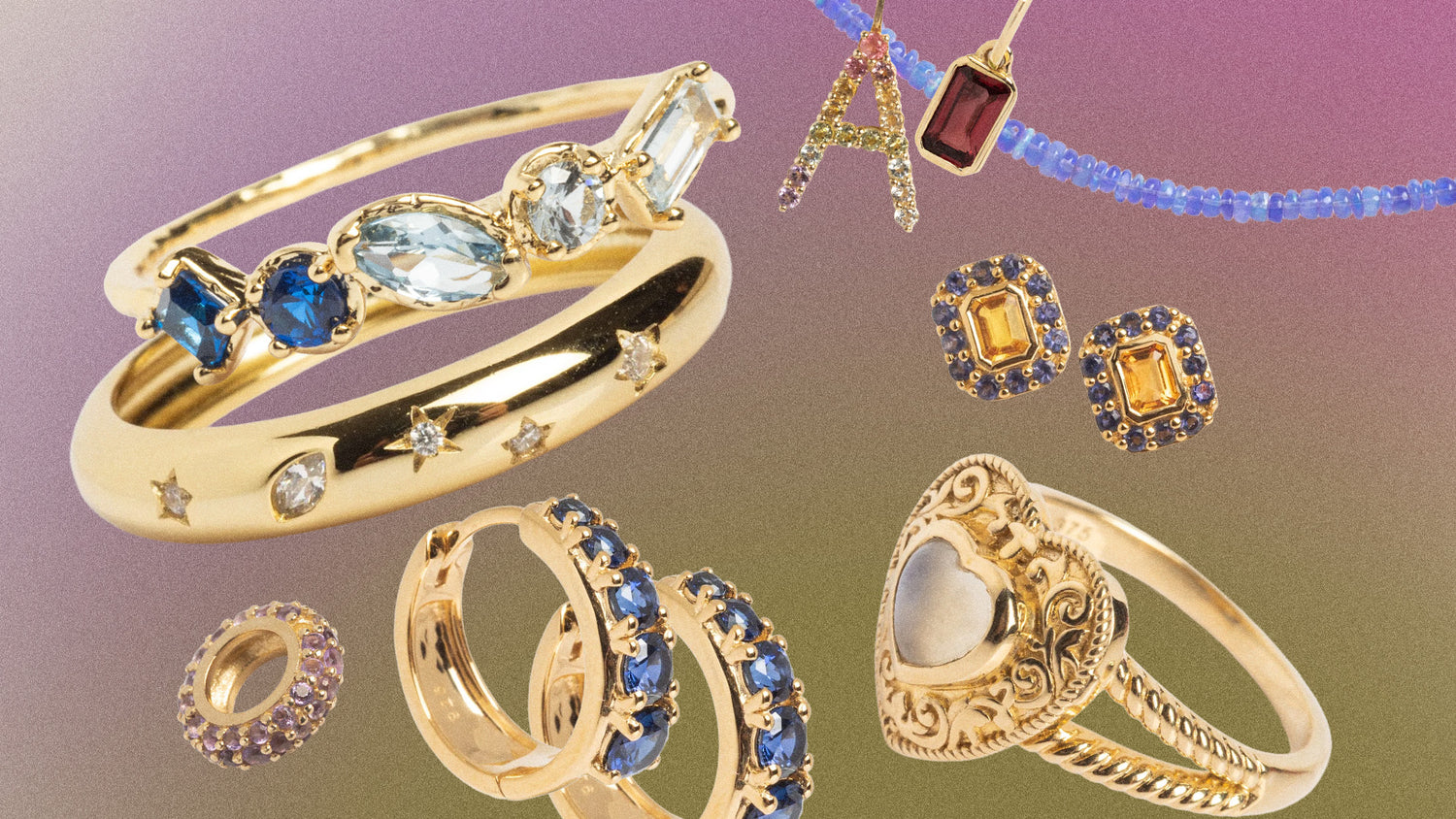 Gold jewelry set with rings, earrings, and a bracelet on a gradient background