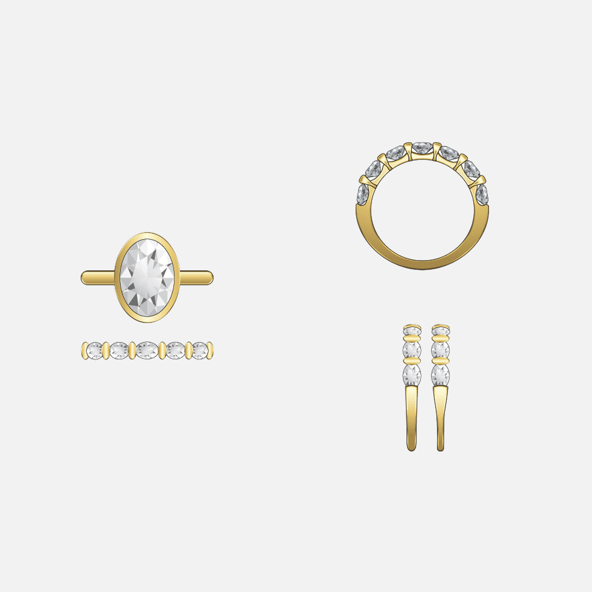 A set of gold jewelry on a white background, featuring rings and drop earrings—ideal for those interested in custom pieces. Discover your unique style with our Bespoke Design Consultation.