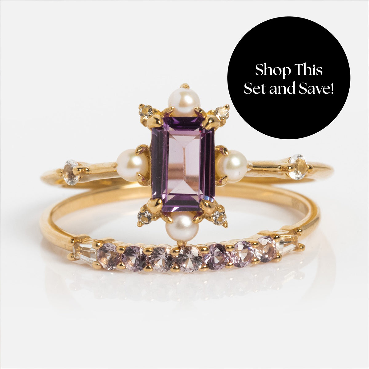 The Solid Gold 2025 June Capsule Alexandrite and Pearl Ring Set features an emerald-cut alexandrite, pearl and diamond accents, plus a curved band with purple stones. Includes a free gift. Shop This Set and Save! appears in a black circle.