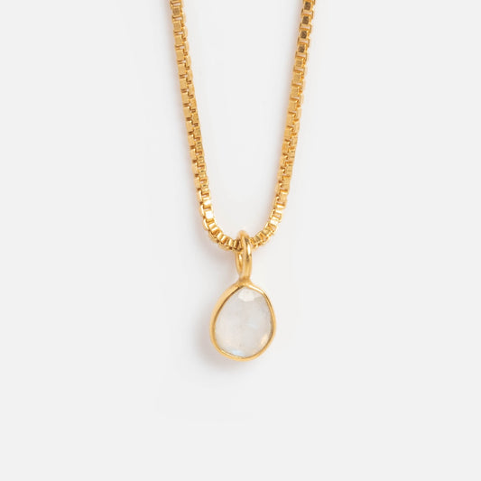 The Sofia Slice Necklace with Moonstone features a simple, irregular clear moonstone pendant in a gold bezel on a 14k gold vermeil chain, perfect for layering and shown against a plain white background.