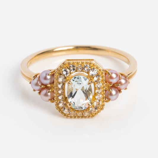 Solid Gold 2024 March Capsule Vintage Inspired Aquamarine Statement Ring
