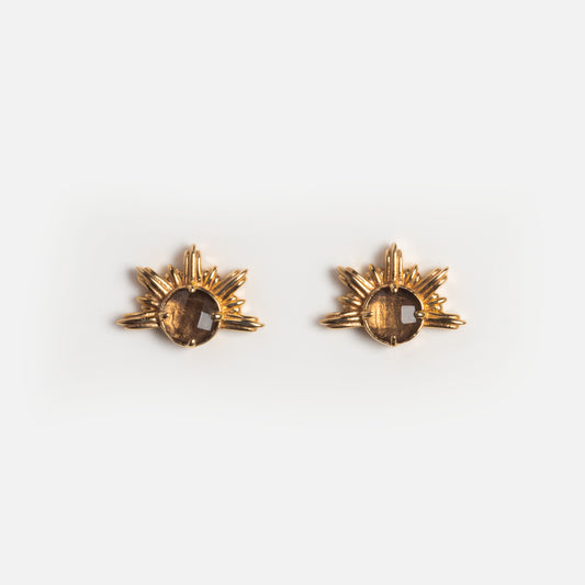 Solid Gold Smoky Quartz Sunburst Studs