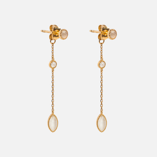 Solid Gold 9 Lives Cats Eye Moonstone Drop Earrings