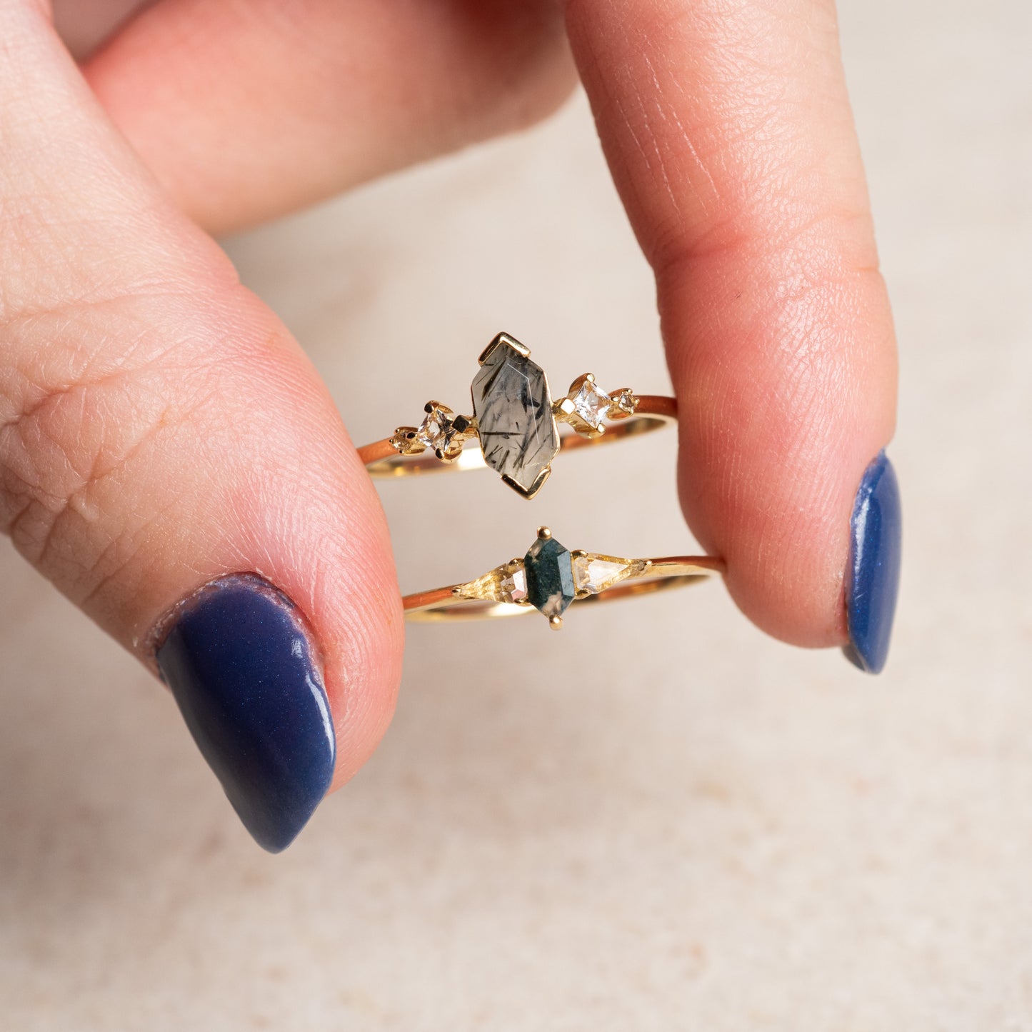 Solid Gold Black Rutilated Quartz Hexagon Ring for Strength