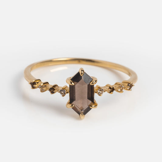 Solid Gold Smoky Quartz Hexagon Ring for Courage
