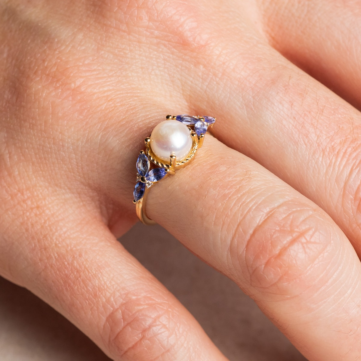 14k Vintage Inspired Pearl and Tanzanite Statement Ring