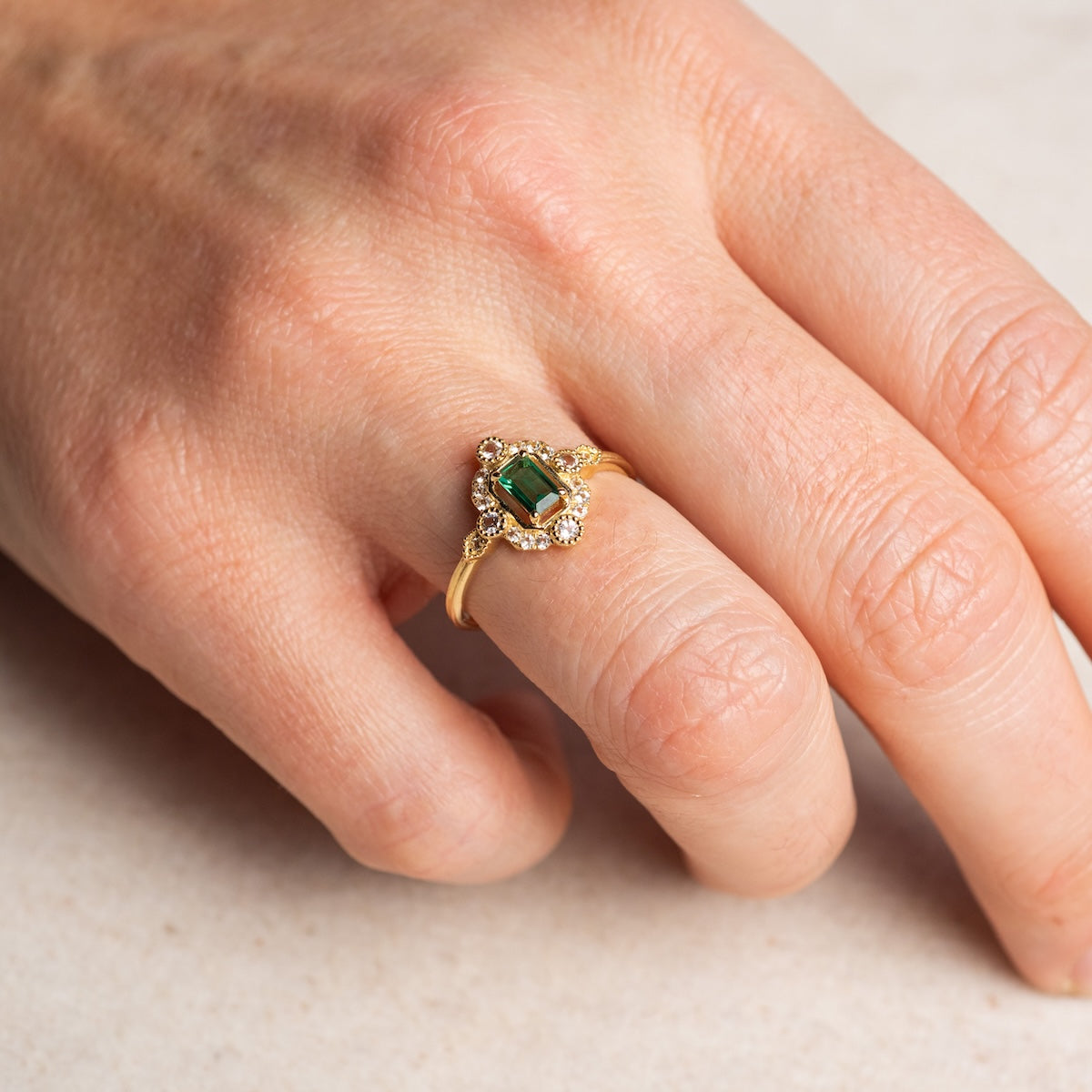 14k Vintage Inspired Emerald Shield Ring