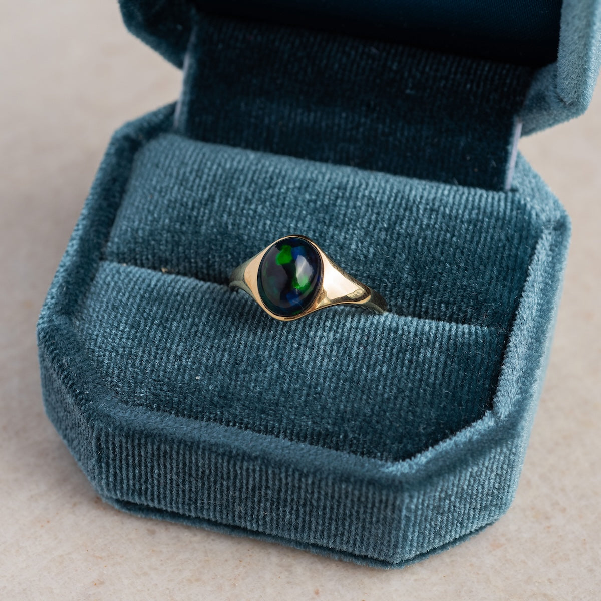 Solid Gold Black Opal Aura Signet Ring