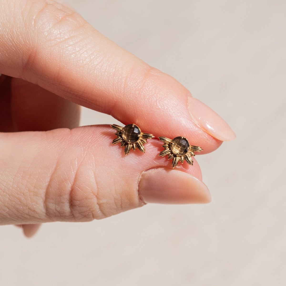 Solid Gold Smoky Quartz Sunburst Studs