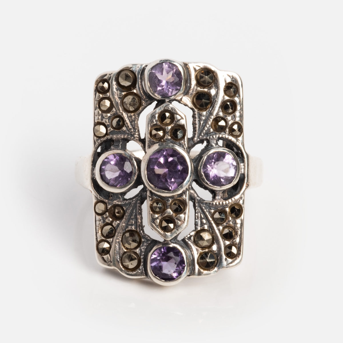 Vintage Silver Amethyst Mid Century Art Deco Ring