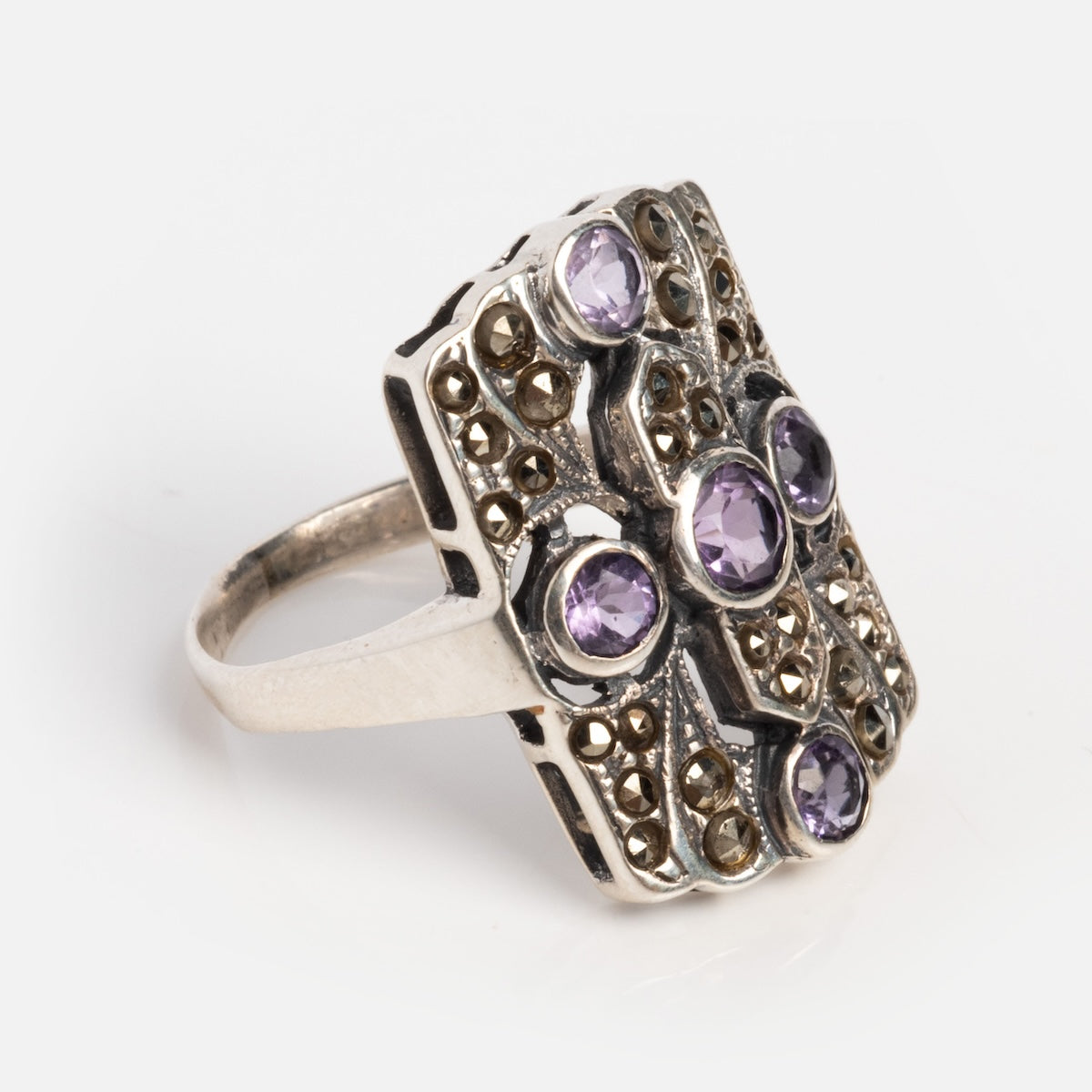 Vintage Silver Amethyst Mid Century Art Deco Ring
