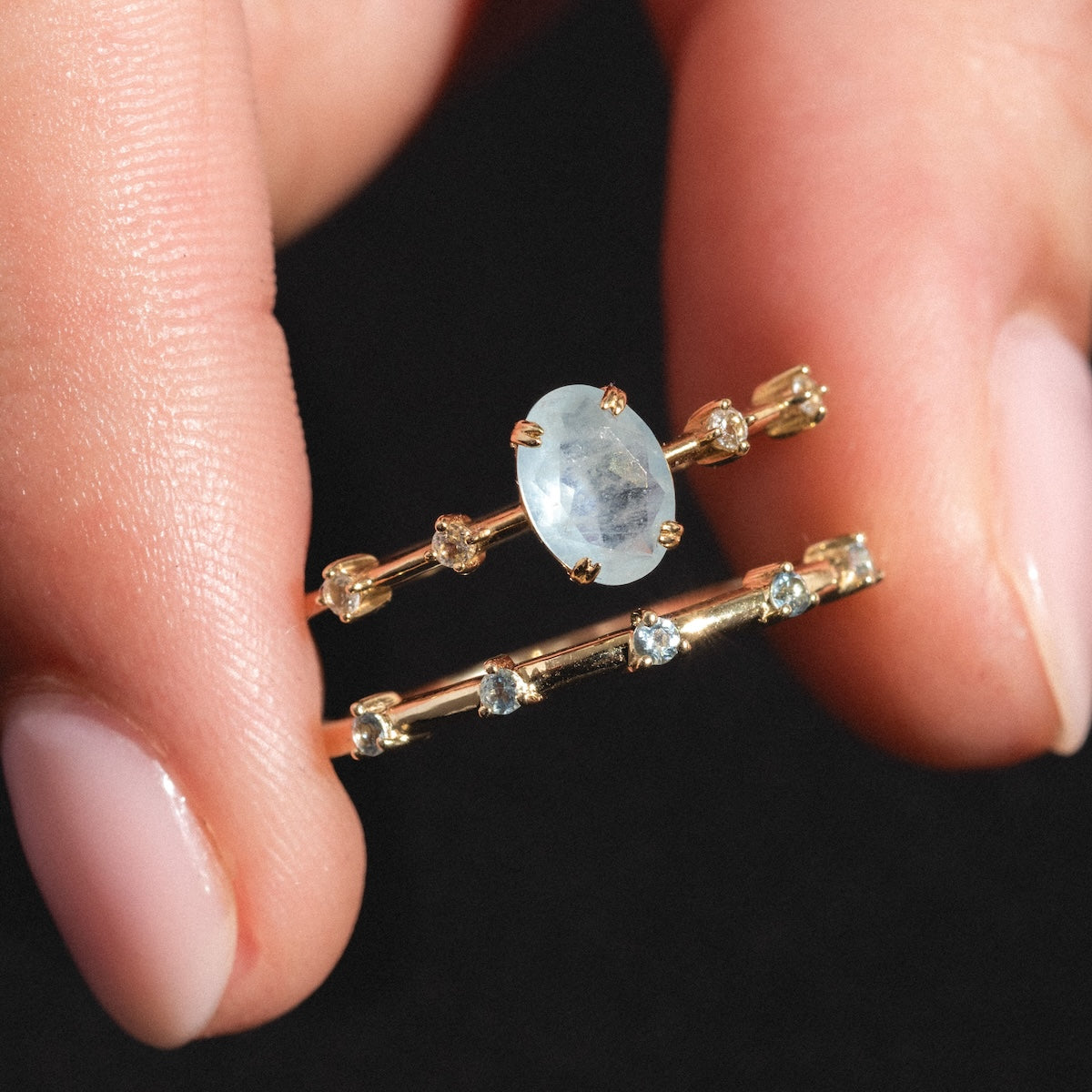 Solid Gold 2025 March Capsule Aquamarine Ring Set with Free Gift