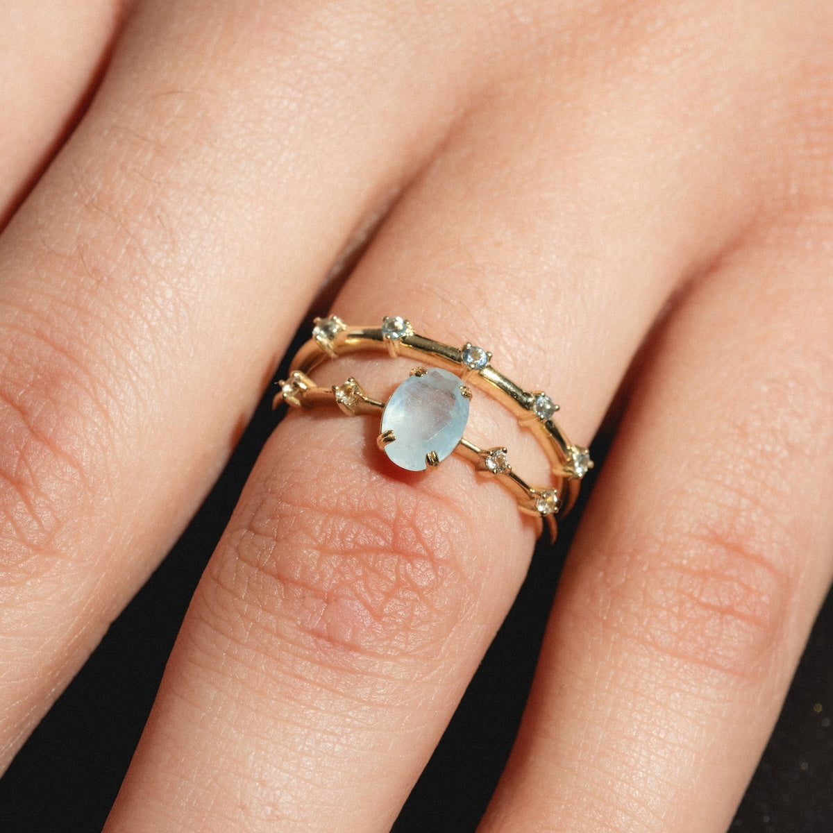 Solid Gold 2025 March Capsule Aquamarine Ring Set with Free Gift