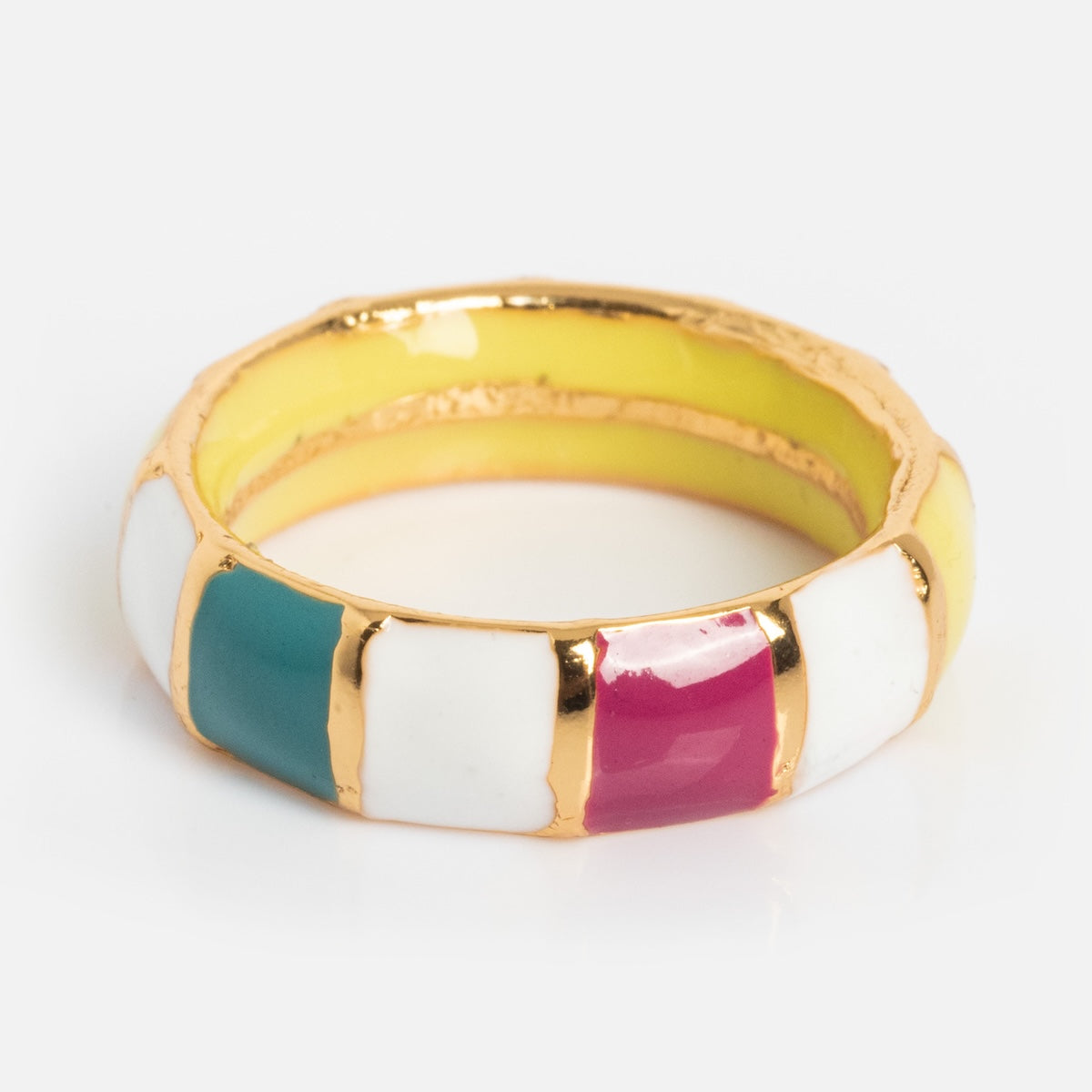 The Chroma Ring features 24k gold plating with alternating enamel segments in white, yellow, teal, and pink, shown against a white background.