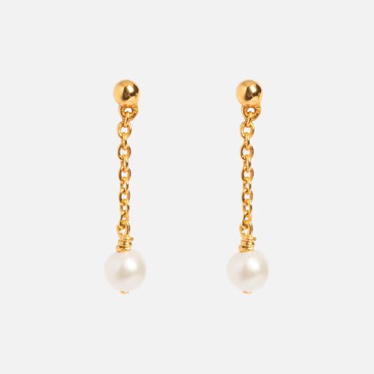 The Dainty Pearl Drop Earrings Sample features gold plated drops with round pearl pendants, displayed on a plain white background.