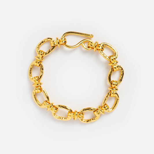 The Zehra Chain Bracelet features textured gold oval links and a hook clasp, displayed in a circular arrangement on a white background.