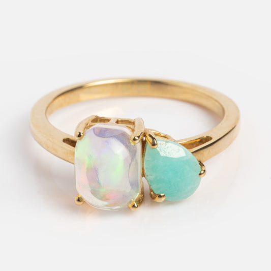 Solid Gold Opal and Amazonite Toi et Moi Ring Sample Size 7