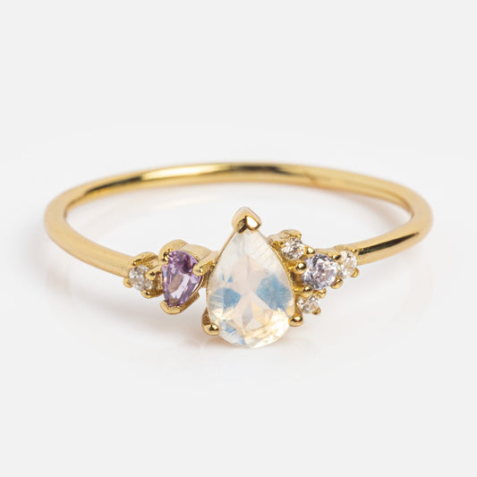 Solid Gold Vintage Inspired RIng in Amethyst and Blue Moonstone Sample Size 7