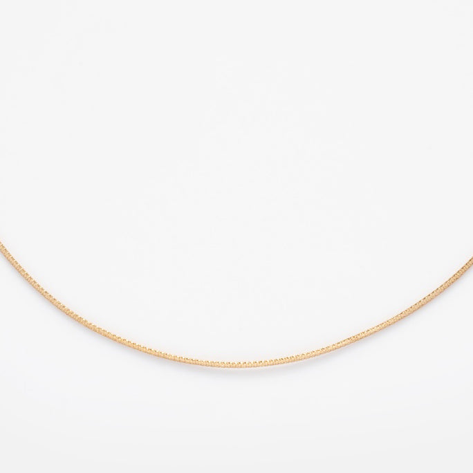 Closeup of part of Family Gold Solid Gold Slim Mesh Necklace