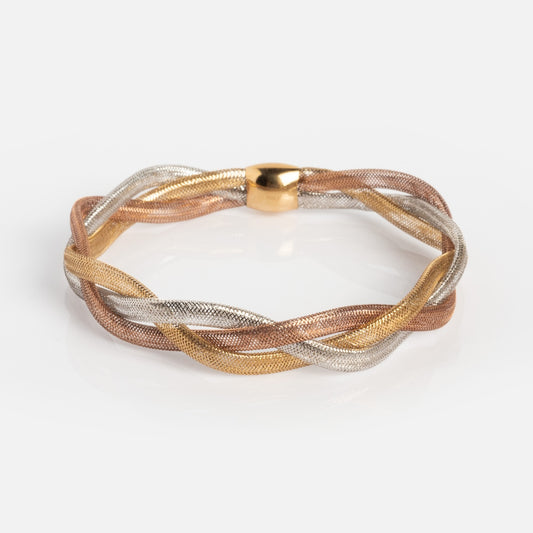 Family Gold Solid Gold Mixed Metal Braided Mesh Bracelet on white background
