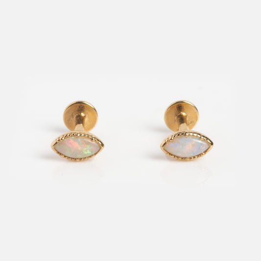 A pair of Solid Gold Opal Marquise Flat Back Studs featuring marquise-shaped opal gemstones in a sleek gold setting, displayed on a plain white background.