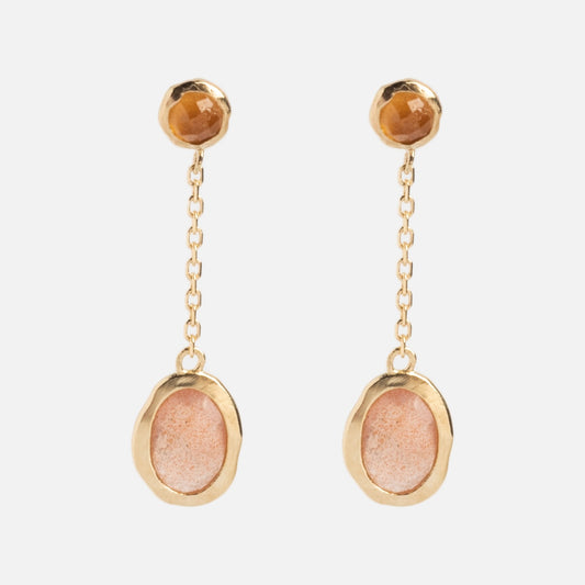 Solid Gold Orange Garnet and Sunstone Dusk Drop Earrings