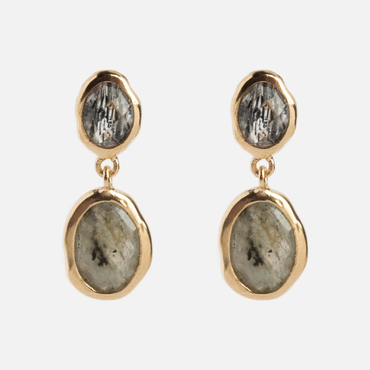 A pair of Solid Gold Labradorite and Quartz Drop Earrings for Protection, featuring two irregularly shaped quartz stones with natural dark streaks, set on a white background.