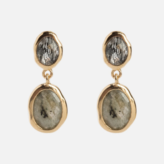 A pair of Solid Gold Labradorite and Quartz Drop Earrings for Protection, featuring two irregularly shaped quartz stones with natural dark streaks, set on a white background.