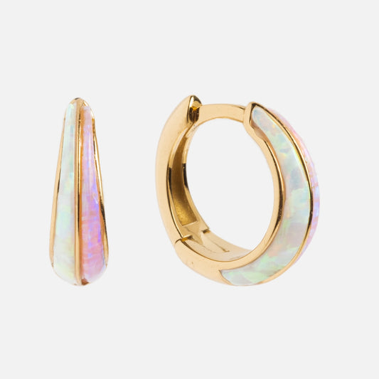 The Opal Ombre Deux Huggies, crafted in 18k gold vermeil with inlaid iridescent opal accents, are pictured from the side and front on a plain white background.