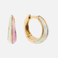 The Opal Ombre Deux Huggies, crafted in 18k gold vermeil with inlaid iridescent opal accents, are pictured from the side and front on a plain white background.