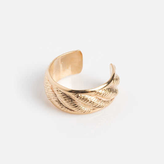Handmade gold Ribbon Ear Cuff Sample with a textured, twisted rope design, photographed on a plain white background. Inspired by Costa Mesa style, this piece captures the elegance of a gold filled cuff in a refined silhouette.